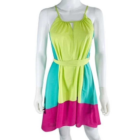 Hot & Delicious Flowy Sleeveless Color Block Neon Green Dress - Picture 1 of 8
